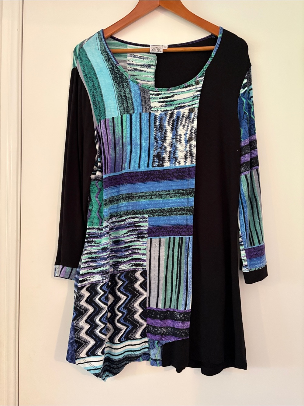 Parsley & Sage Black Tunic with Teal Blue Purple Patchwork